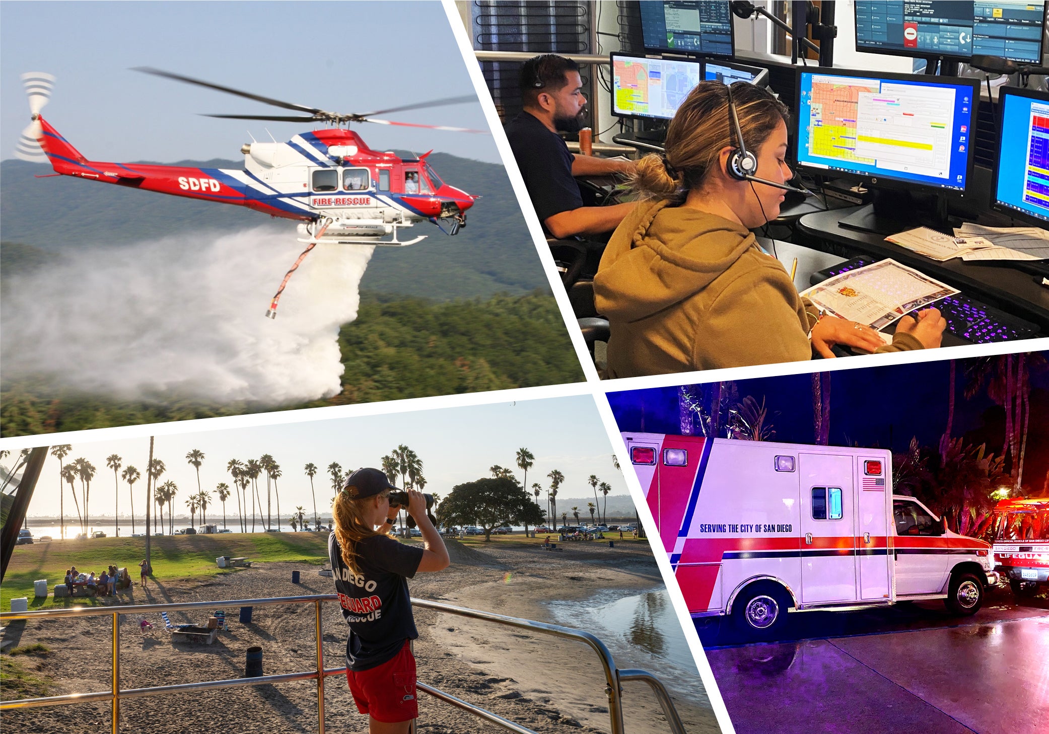 Collage including a Fire-Rescue helicopter, ambulance, fire dispatchers, and a lifeguard