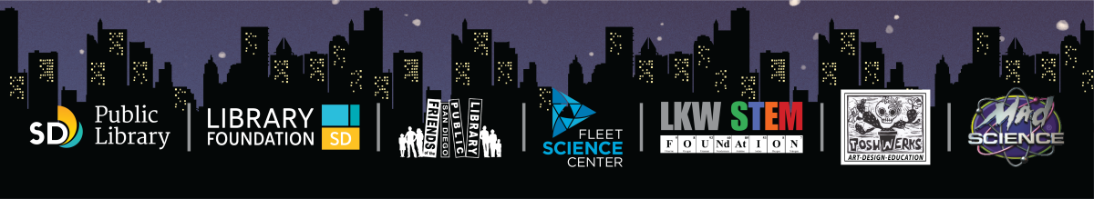 Colorful logos sit against a cityscape with silhouette of tall skyscraper buildings, there windows are lit up yellow against a dark blue sky.